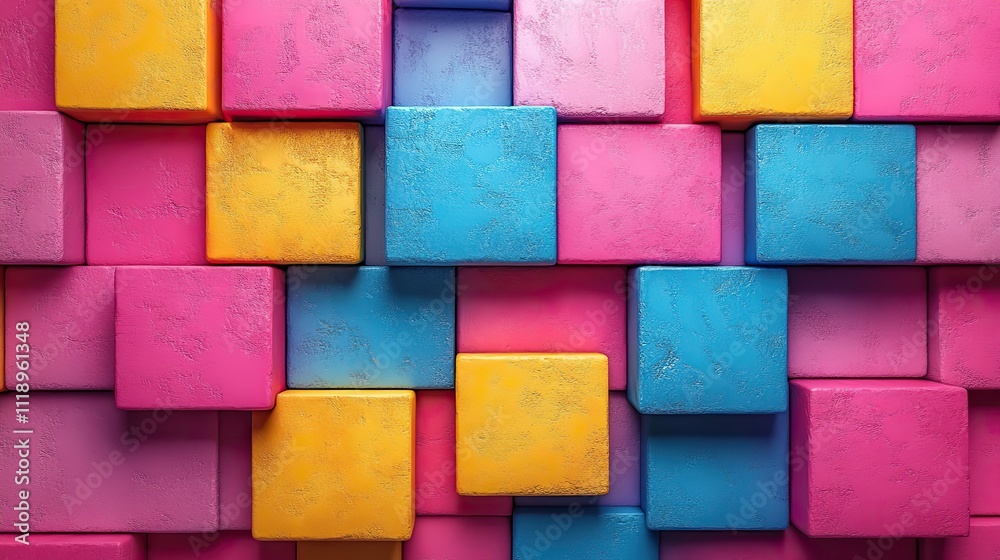 Background filled with colorful, bold rectangular shapes in pink, blue, and yellow forming an abstract pattern Background filled with colorful, bold rectangular shapes in pink, blue, and yellow forming an abstract pattern
