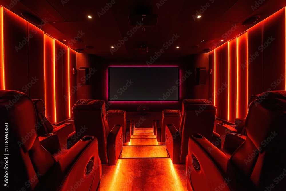 A modern home theater with red ambient lighting and comfortable seating. A modern home theater with red ambient lighting and comfortable seating.