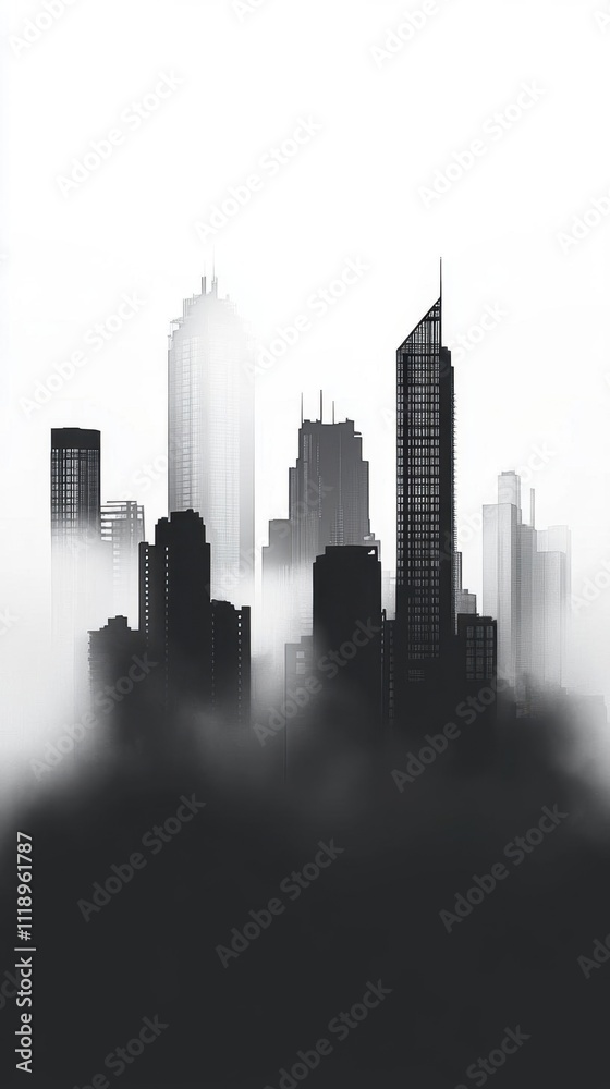 A monochromatic city skyline shrouded in mist and fog. A monochromatic city skyline shrouded in mist and fog.