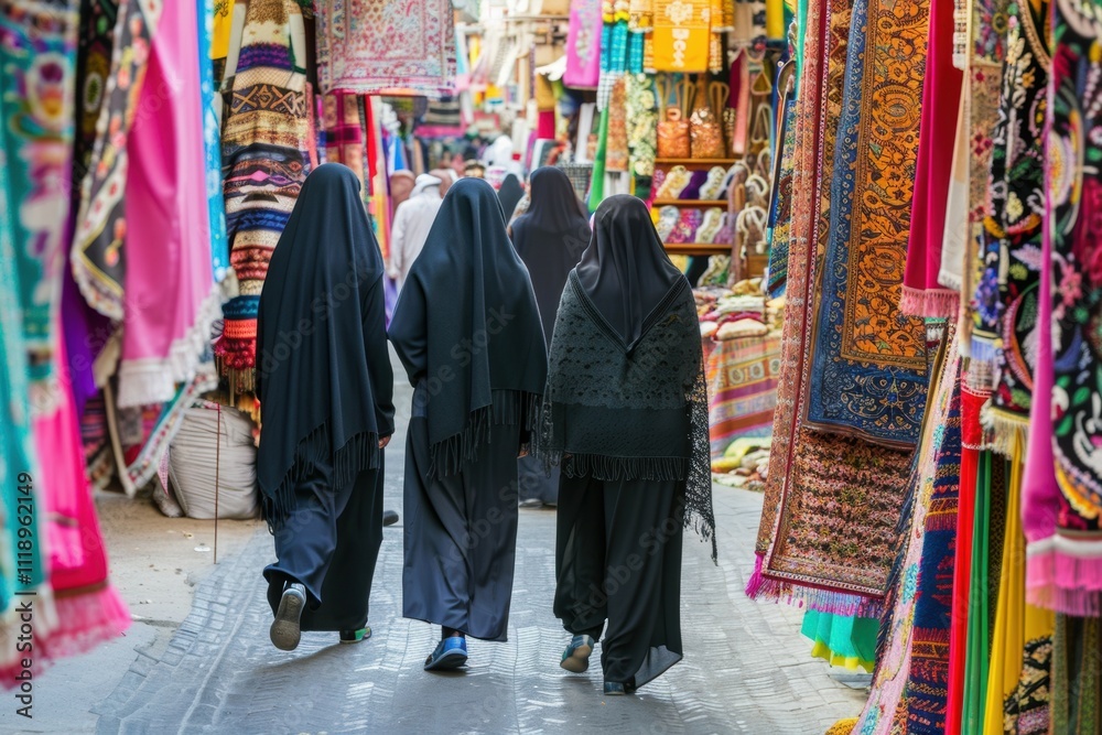 Fototapeta premium Women in traditional attire walking through a vibrant market.