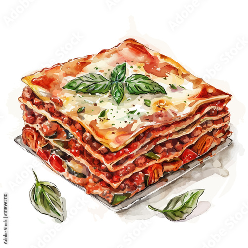 A watercolor of a slice of lasagna with layers of pasta, sauce, and cheese, isolated on a white background. Lasagna vector.