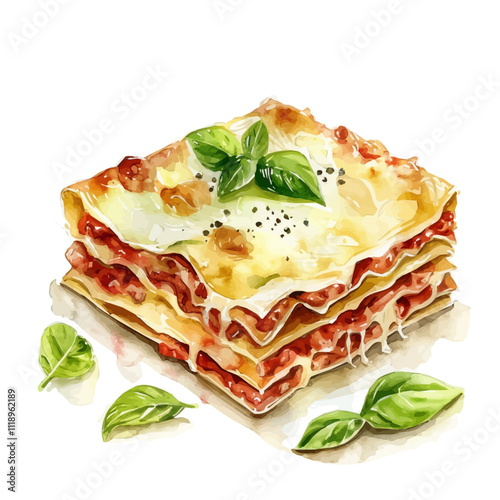 A watercolor vector of a slice of lasagna with layers of pasta, sauce, and cheese, isolated on a white background. Lasagna vector.