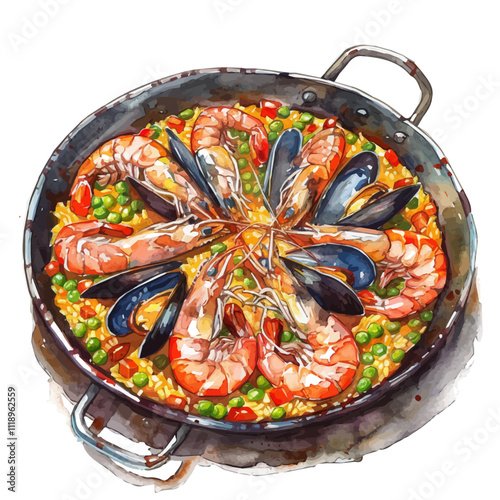 A watercolor of a steaming paella dish with vibrant colors, featuring seafood, chicken, and vegetables. Paella vector.