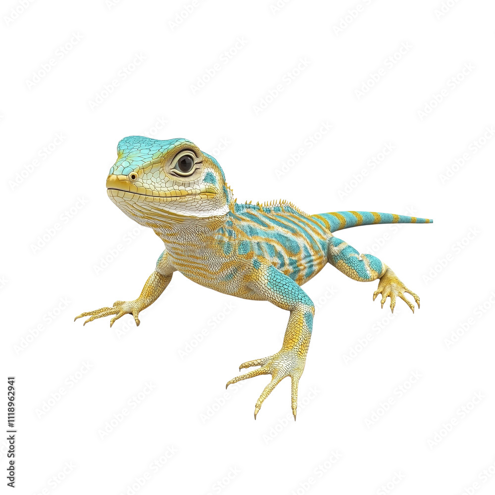 Fototapeta premium Vibrant Blue and Gold Lizard Posing on White Background