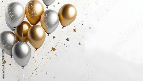 Festive balloons in gold and silver with stars and confetti on a light background