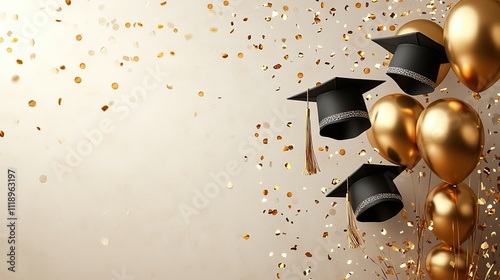 Black and white graduation caps and golden balloons fly on the right side of a poster template