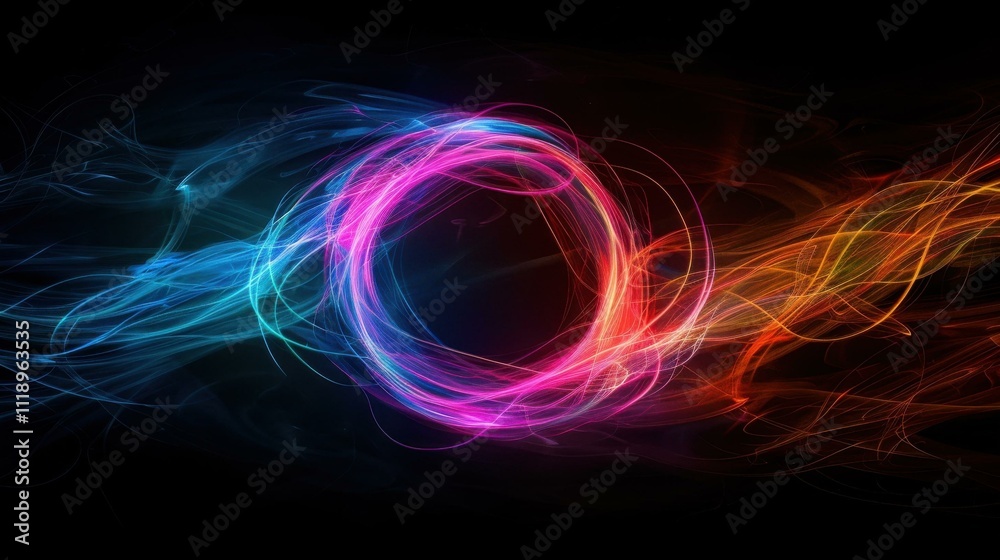 Vibrant digital abstract art featuring swirling light trails in bold colors, creating a captivating and dynamic visual experience.