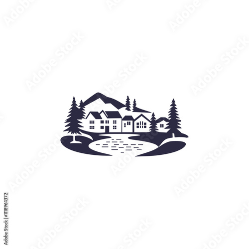A simple, minimalist logo depicting a small village nestled amidst a picturesque landscape. The scene features several houses, a winding river, evergreen trees, and a majestic mountain range
