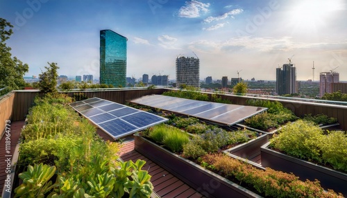 Capture an urban rooftop garden integrated with solar panels, symbolizing the combination of green living and renewable energy in an urban environment.