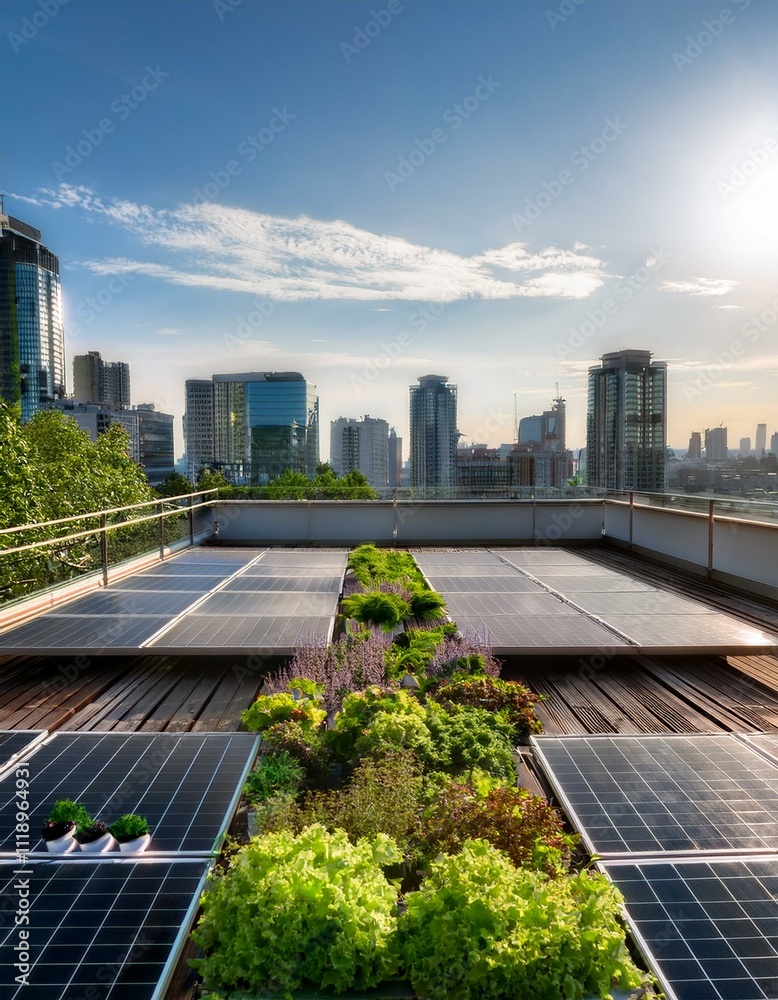 Fototapeta premium Capture an urban rooftop garden integrated with solar panels, symbolizing the combination of green living and renewable energy in an urban environment.