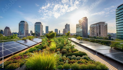 Capture an urban rooftop garden integrated with solar panels, symbolizing the combination of green living and renewable energy in an urban environment.
