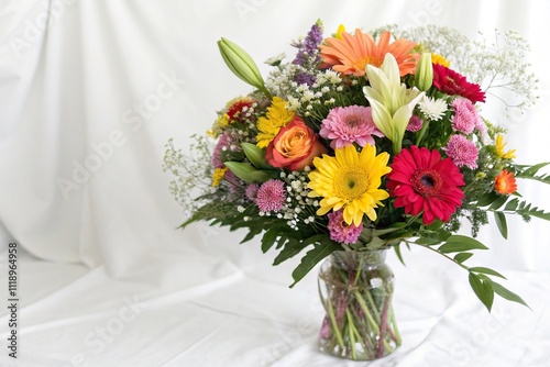 Colorful mixed flower bouquet on a white background, bouquet, garden flowers, arrangement, floral art