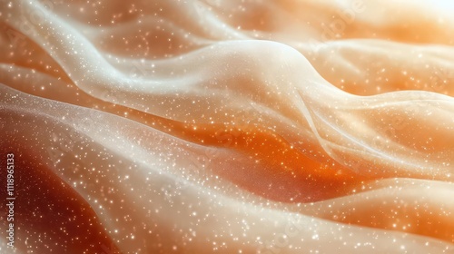 Abstract waves with a warm color palette and sparkling particles.