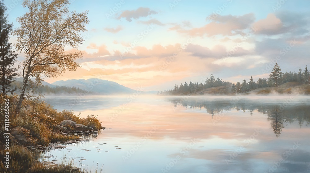 Serene Sunrise over Misty Lake and Mountains Serene Sunrise over Misty Lake and Mountains