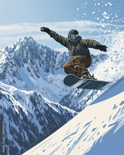 A snowboarder jumps over a snowy mountain slope, creating a dynamic scene.