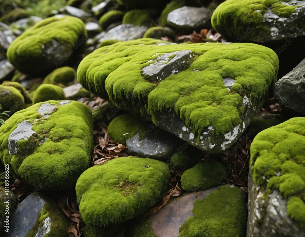Close-Up of Moss-Covered Rocks with Rich Green Textures Close-Up of Moss-Covered Rocks with Rich Green Textures