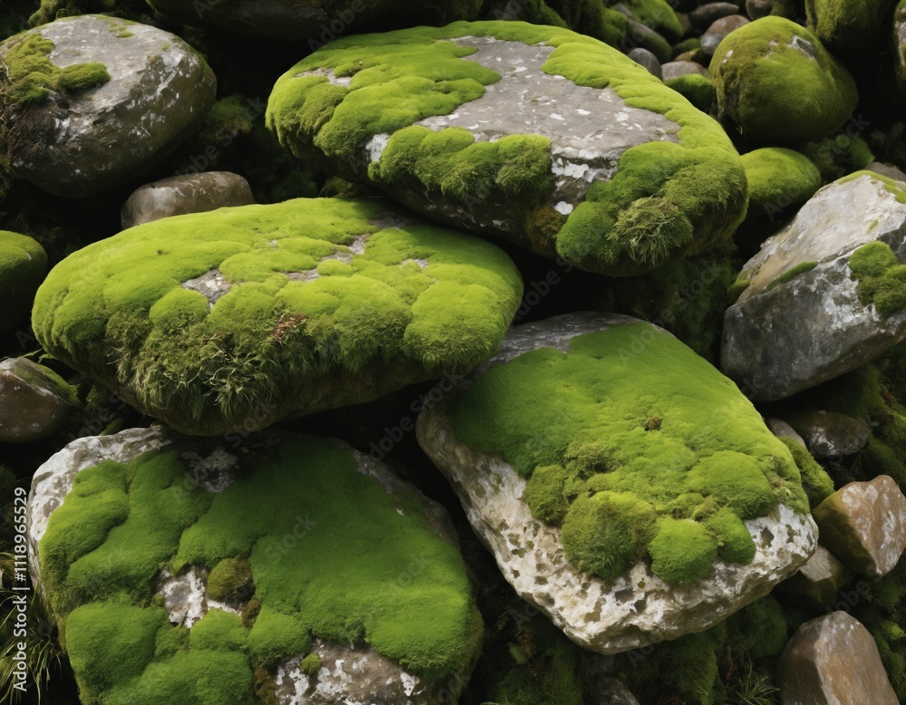 Close-Up of Moss-Covered Rocks with Rich Green Textures Close-Up of Moss-Covered Rocks with Rich Green Textures