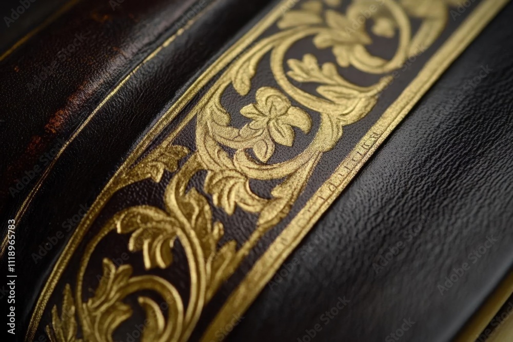 A close-up of ornate golden detailing on a dark leather surface.