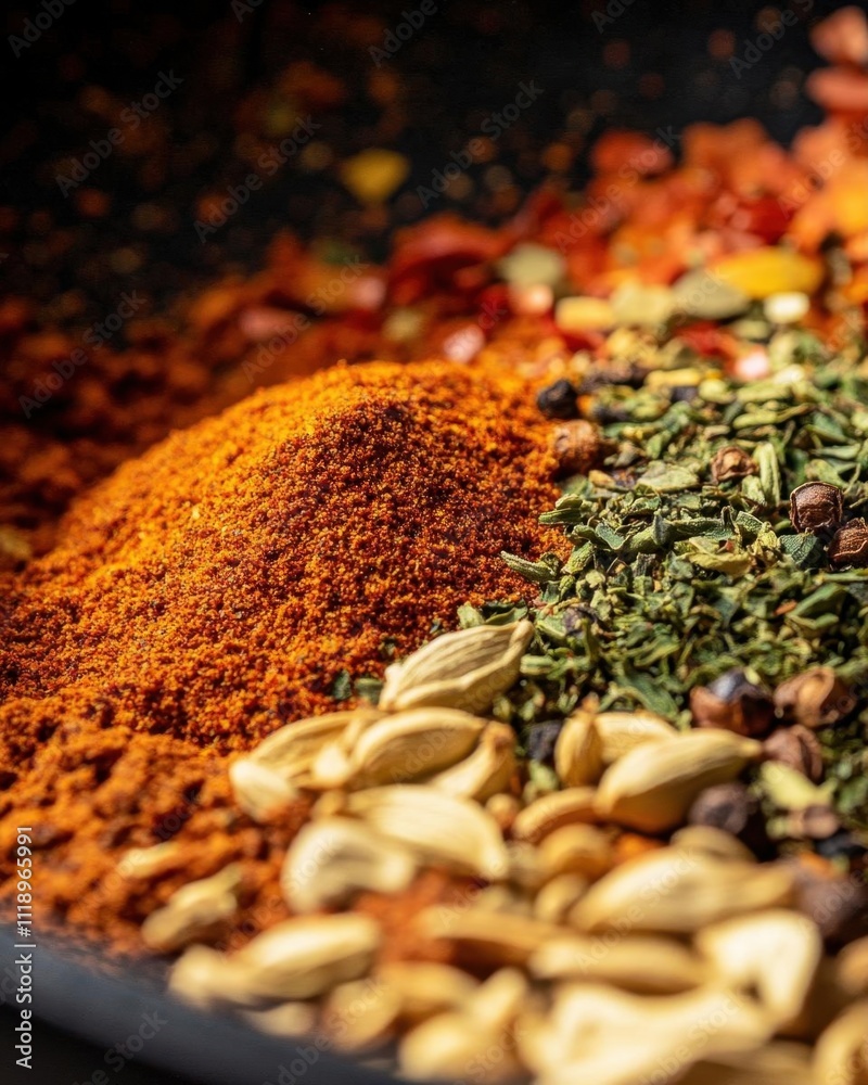 A close-up of various spices and herbs in a pan, showcasing vibrant colors. A close-up of various spices and herbs in a pan, showcasing vibrant colors.