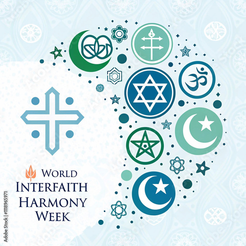 World Interfaith Harmony week Icon Design for Media Poster with different religion symbols