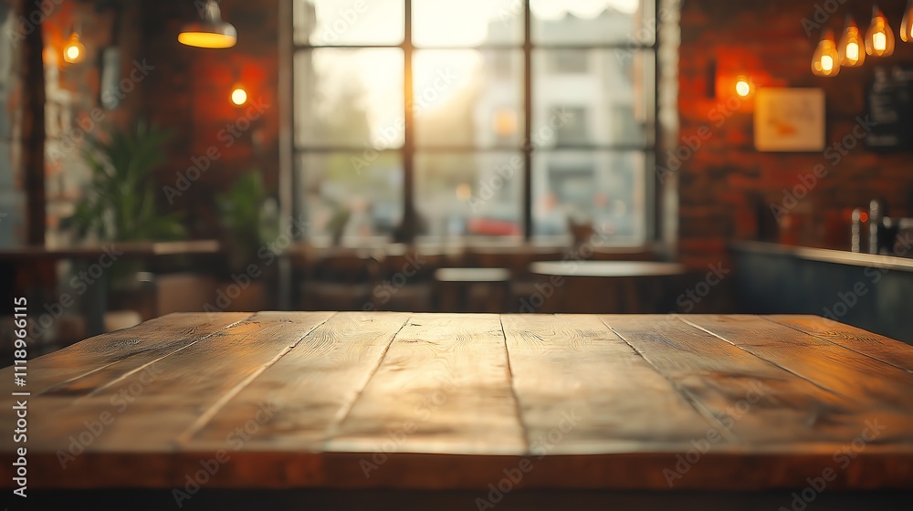 Wooden table in a co working space, the table is in the front. Sunlight and shadows in the background, plants in the office Wooden table in a co working space, the table is in the front. Sunlight and shadows in the background, plants in the office
