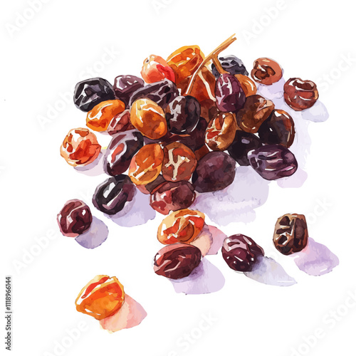 A watercolor painting of raisins, isolated on a white background. Raisins vector.