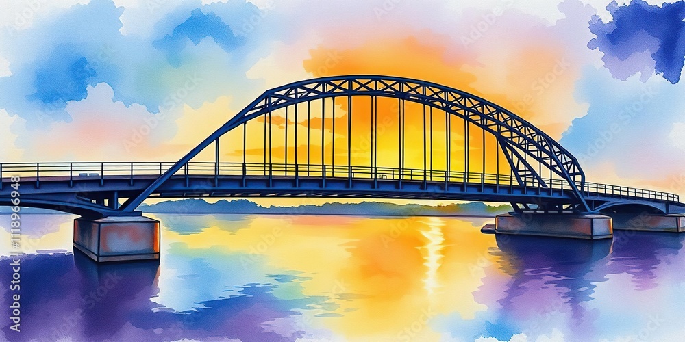 Obraz premium Colorful watercolor impressionist painting of a modern metal bridge at dawn, colorful, watercolor, light