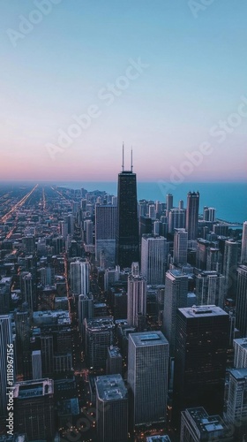 Aerial view of a city skyline at dusk, showcasing urban architecture.