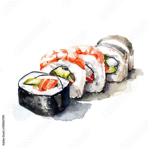 A watercolor of sushi, isolated on a white background. Sushi vector.