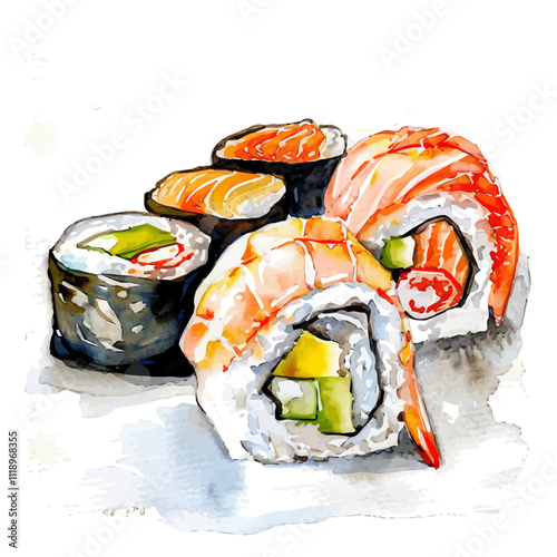 A watercolor vector of sushi, isolated on a white background. Sushi vector.