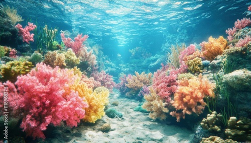 Vibrant coral reef underwater scene with colorful marine life.