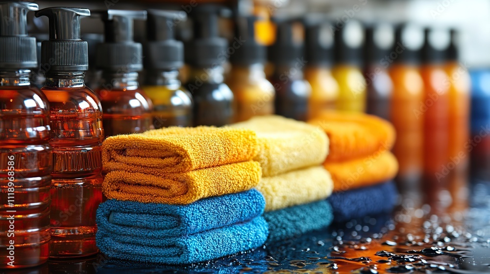 Car cleaning products, including motor oil and microfiber cloths, are showcased for maintenance Car cleaning products, including motor oil and microfiber cloths, are showcased for maintenance