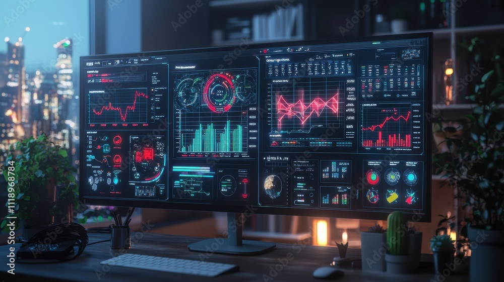 Modern workspace with multiple screens displaying data analytics. Modern workspace with multiple screens displaying data analytics.