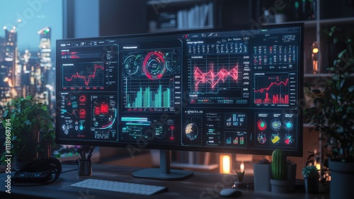 Modern workspace with multiple screens displaying data analytics.