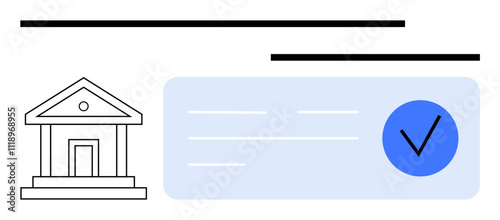 Bank building next to a financial check with verification mark indicating secure transaction process. Ideal for banking, finance, transactions, security, payments, financial services, digital