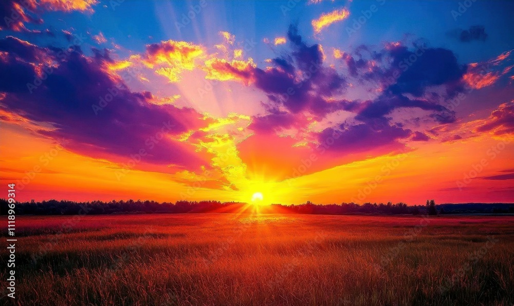 A vibrant sunset over a grassy landscape with colorful clouds.