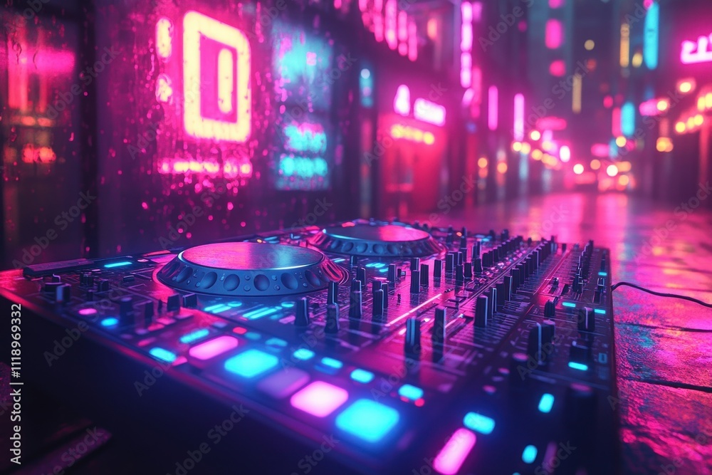 DJ Cat Neon Party Scene with Colorful Lights and Cyberpunk Aesthetics DJ Cat Neon Party Scene with Colorful Lights and Cyberpunk Aesthetics