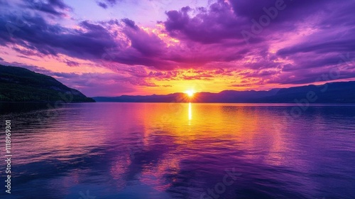 A stunning sunset over a tranquil lake, reflecting vibrant colors.