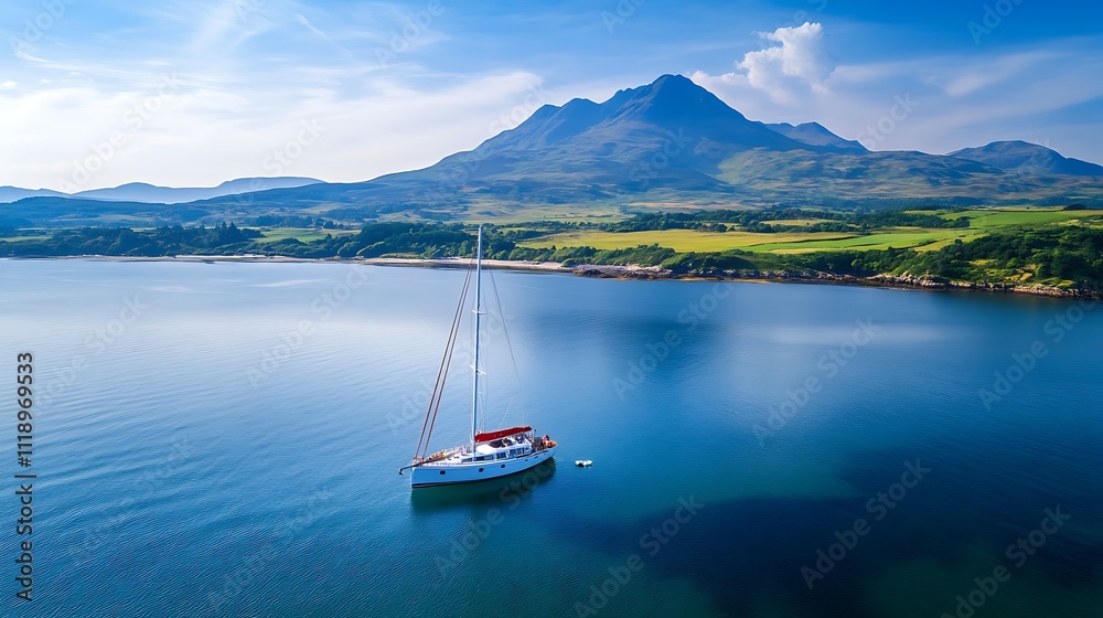 Stunning Aerial View of a Sailboat Anchored near the Isle of Skye's Dramatic Coastline Stunning Aerial View of a Sailboat Anchored near the Isle of Skye's Dramatic Coastline