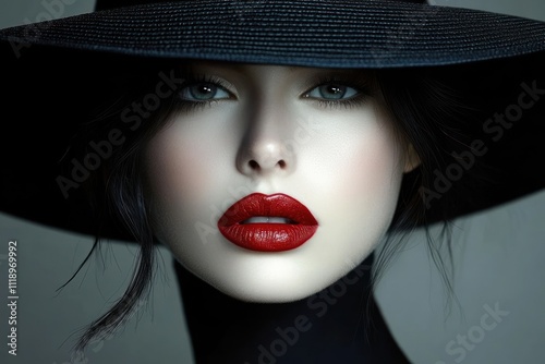 Elegant Fashion Portrait of Glamorous Woman with Black Hat and Red Lips