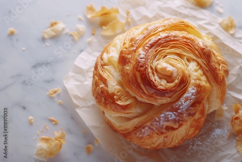 Freshly baked swirled pastry on marble surface, perfect for breakfast or dessert. photo