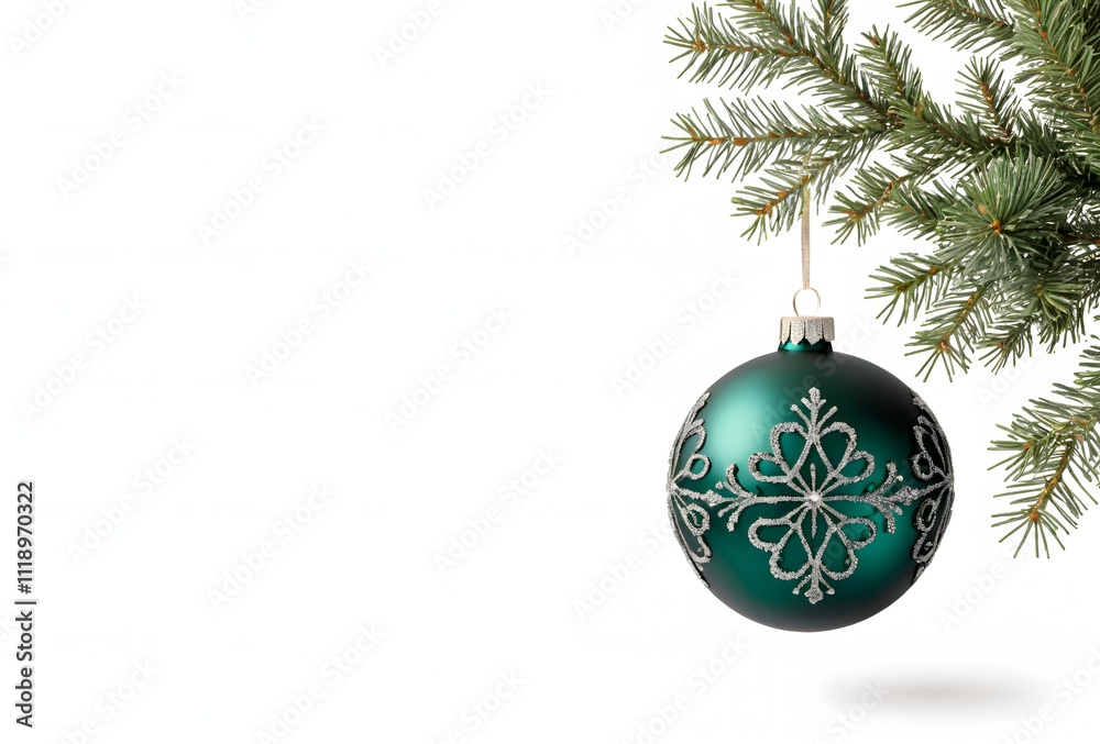 Elegant green Christmas ornament with silver patterns hanging from a pine branch
Elegant green Christmas ornament with silver patterns hanging from a pine branch