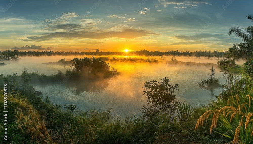Serene sunrise over a misty lake, surrounded by lush greenery.