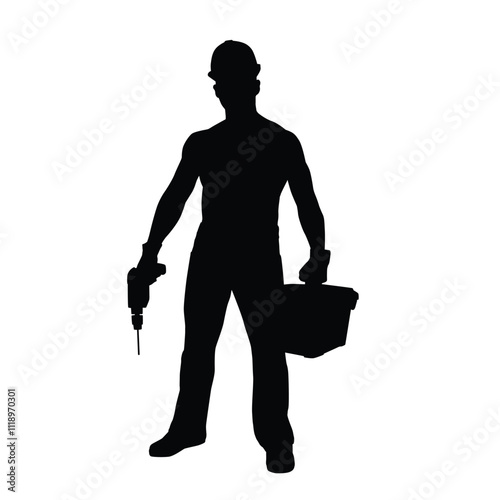 Silhouette of a worker holding a drill and toolbox