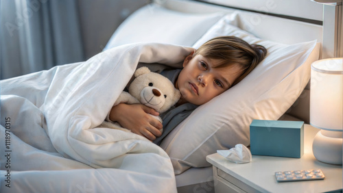 Sick child resting in bed with teddy bear and tissues. Ill little boy lying in bed suffering from cold. 