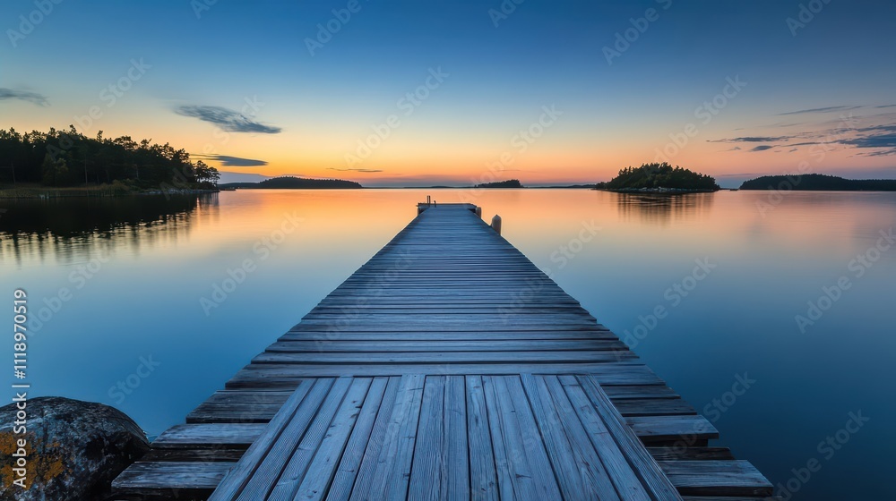 Tranquil dock extending into calm waters at sunset. Tranquil dock extending into calm waters at sunset.