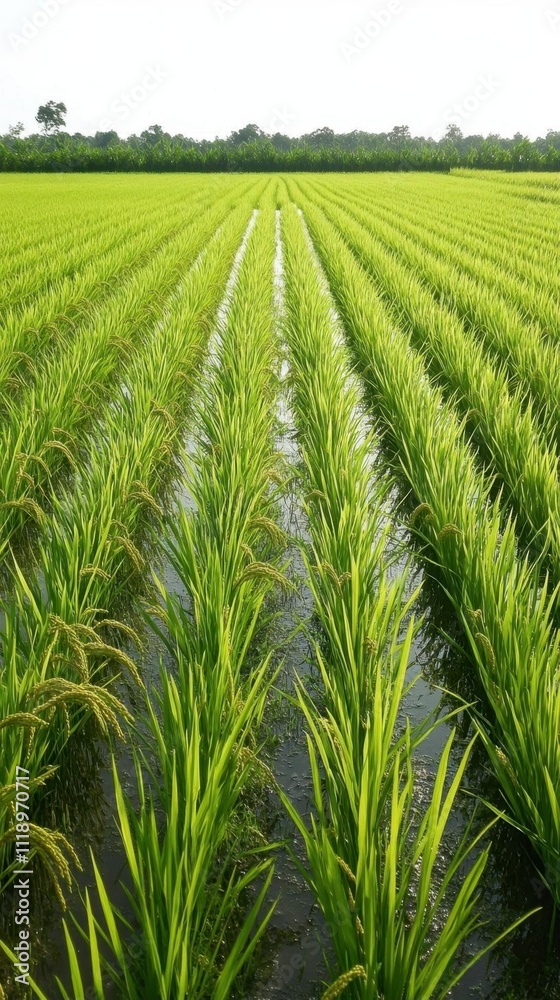 Lush green rice paddies with rows of growing plants and water channels.