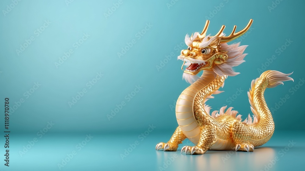 Fototapeta premium Golden Chinese Dragon Model in Vibrant Color Against Blank Background