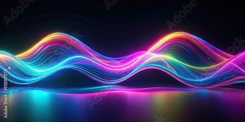 Abstract holographic neon wave on dark background, liquid, glass, holographic