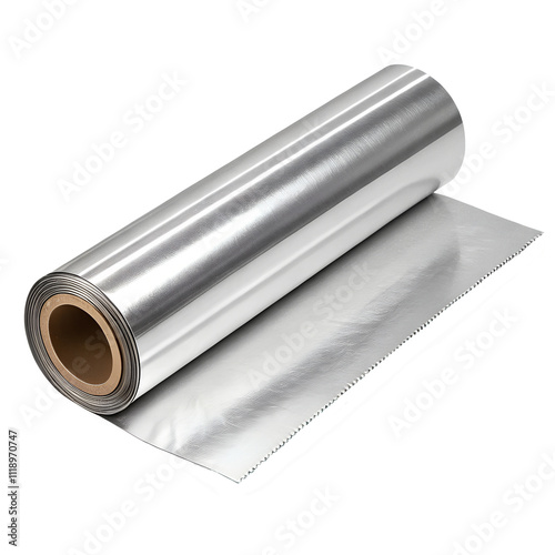 A partially unrolled roll of shiny aluminum foil with a jagged edge, displayed on a transparent background